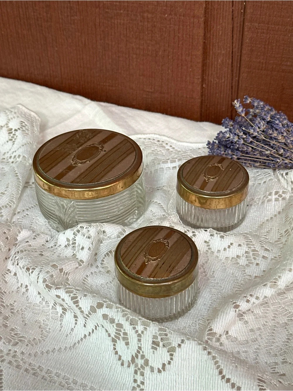 3-Piece Ribbed Clear Glass Vanity Powder Jar Set w/ Gold Tone Metal Lids